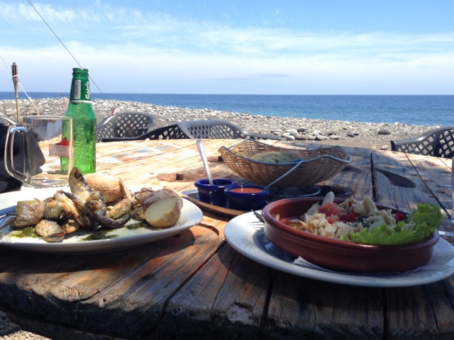 sardines and tuna salad lunch with a beach view