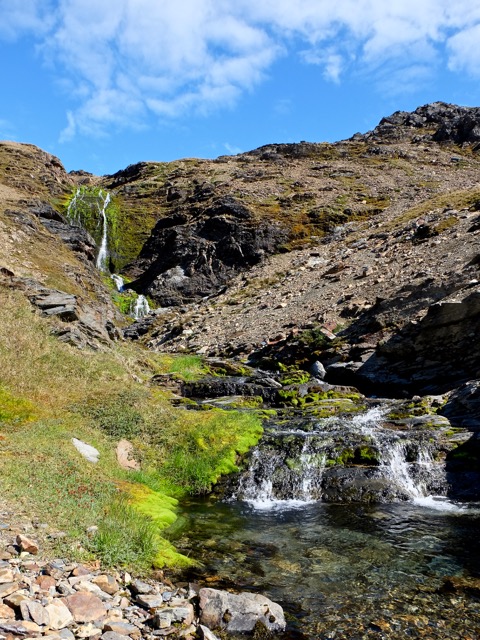 Shackleton's waterfall on the Stromness side of the hike after a steep shale descent